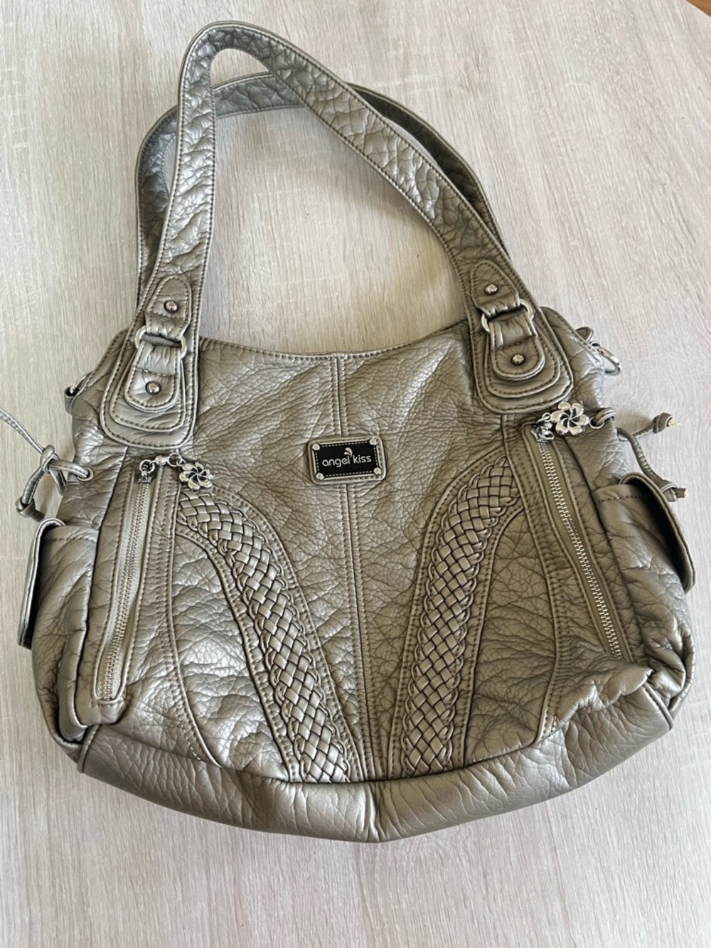 Angel Kiss Metallic grunge Y2K style Pewter Braided Detail Shoulder Bag